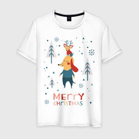 Мужская футболка хлопок с принтом Merry Christmas (Собачки) в Петрозаводске, 100% хлопок | прямой крой, круглый вырез горловины, длина до линии бедер, слегка спущенное плечо. | 