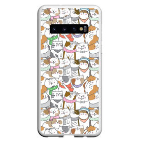 Чехол для Samsung Galaxy S10 с принтом Большая семья котиков в Петрозаводске, Силикон | Область печати: задняя сторона чехла, без боковых панелей | bow | cat | scarf | spots | бант | косынка | кот | полоски | пятна | улыбки | шапка | шарф