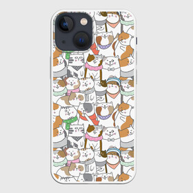 Чехол для iPhone 13 mini с принтом Большая семья котиков в Петрозаводске,  |  | bow | cat | scarf | spots | бант | косынка | кот | полоски | пятна | улыбки | шапка | шарф