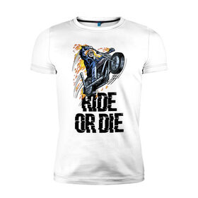 Мужская футболка хлопок Slim с принтом Ride or die в Петрозаводске, 92% хлопок, 8% лайкра | приталенный силуэт, круглый вырез ворота, длина до линии бедра, короткий рукав | flame | motorcycle | skull | speed | мотоцикл | пламя | скорость | череп