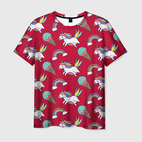 Мужская футболка 3D с принтом Pattern в Петрозаводске, 100% полиэфир | прямой крой, круглый вырез горловины, длина до линии бедер | cloud | hoofs | icecream | mane | pattern | rainbow | tail | unicorn | грива | единорог | копыта | мороженое | облако | радуга | узор | хвост