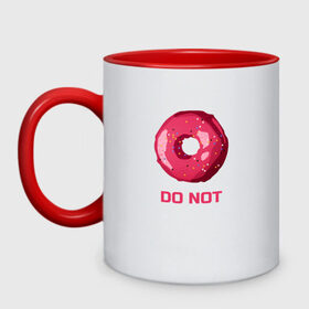 Кружка двухцветная с принтом Пончик DO NOT в Петрозаводске, керамика | объем — 330 мл, диаметр — 80 мм. Цветная ручка и кайма сверху, в некоторых цветах — вся внутренняя часть | donut | food | pink | еда | игра слов | пончик | розовый