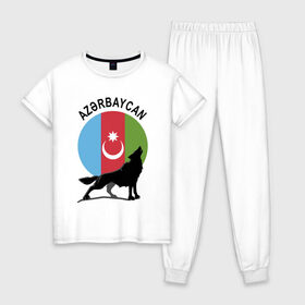 Женская пижама хлопок с принтом Азербайджан в Петрозаводске, 100% хлопок | брюки и футболка прямого кроя, без карманов, на брюках мягкая резинка на поясе и по низу штанин | azerbaijan | baku | азер | азербайджан | баку | герб | страна | флаг
