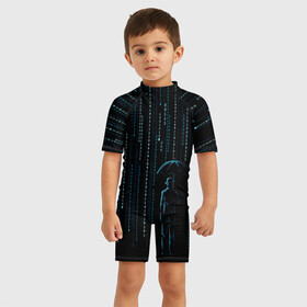 Детский купальный костюм 3D с принтом Двоичный дождь, матрица в Петрозаводске, Полиэстер 85%, Спандекс 15% | застежка на молнии на спине | 1 | banksy | matrix | бэнкси | двоичный код | дожди | дождливая погода | дождь | матрица | программма