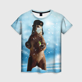 Женская футболка 3D с принтом Зимний мишка в реалиях 2020 г. в Петрозаводске, 100% полиэфир ( синтетическое хлопкоподобное полотно) | прямой крой, круглый вырез горловины, длина до линии бедер | зима | маска | медведь | новый год