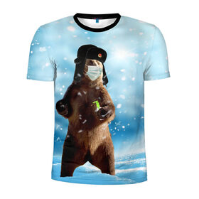Мужская футболка 3D спортивная с принтом Зимний мишка в реалиях 2020 г. в Петрозаводске, 100% полиэстер с улучшенными характеристиками | приталенный силуэт, круглая горловина, широкие плечи, сужается к линии бедра | Тематика изображения на принте: зима | маска | медведь | новый год