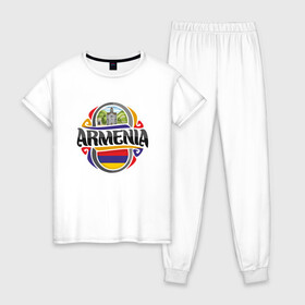 Женская пижама хлопок с принтом Армения в Петрозаводске, 100% хлопок | брюки и футболка прямого кроя, без карманов, на брюках мягкая резинка на поясе и по низу штанин | armenia | арарат | армения | герб | горы | лев | страна | флаг | шашлык