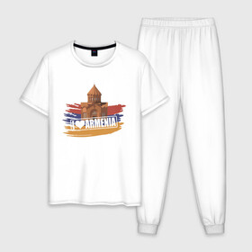 Мужская пижама хлопок с принтом Армения в Петрозаводске, 100% хлопок | брюки и футболка прямого кроя, без карманов, на брюках мягкая резинка на поясе и по низу штанин
 | Тематика изображения на принте: armenia | арарат | армения | герб | горы | лев | страна | флаг | шашлык