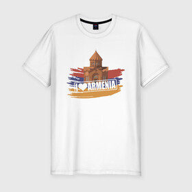 Мужская футболка хлопок Slim с принтом Армения в Петрозаводске, 92% хлопок, 8% лайкра | приталенный силуэт, круглый вырез ворота, длина до линии бедра, короткий рукав | armenia | арарат | армения | герб | горы | лев | страна | флаг | шашлык