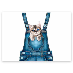 Поздравительная открытка с принтом КОТЕНОК В КАРМАНЕ в Петрозаводске, 100% бумага | плотность бумаги 280 г/м2, матовая, на обратной стороне линовка и место для марки
 | Тематика изображения на принте: cat | барсик | девочкам | джинсы | карман | киса | комбинезон | костюм | кот | котенок | котик | кошка | красиво | мило | мяу | одежда