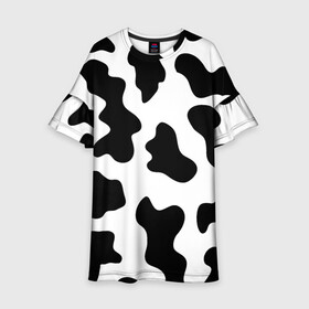 Детское платье 3D с принтом Му-му в Петрозаводске, 100% полиэстер | прямой силуэт, чуть расширенный к низу. Круглая горловина, на рукавах — воланы | абстракция | бык | кожа коровы | корова | му му | пятна | черно белое | черно белые пятна