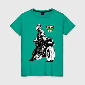 Женская футболка хлопок с принтом Kawasaki Ninja Cup в Петрозаводске, 100% хлопок | прямой крой, круглый вырез горловины, длина до линии бедер, слегка спущенное плечо | cup | engine | girl | helmet | motorcycle | power | двигатель | девушка | кубок | мотоцикл | мощь | шлем