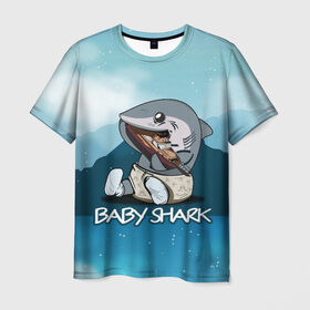 Мужская футболка 3D с принтом Baby Shark в Петрозаводске, 100% полиэфир | прямой крой, круглый вырез горловины, длина до линии бедер | 