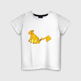 Детская футболка хлопок с принтом Пикачу в Петрозаводске, 100% хлопок | круглый вырез горловины, полуприлегающий силуэт, длина до линии бедер | аниме | капибара | пикачу | покемон | покемоны