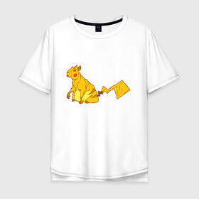 Мужская футболка хлопок Oversize с принтом Пикачу в Петрозаводске, 100% хлопок | свободный крой, круглый ворот, “спинка” длиннее передней части | аниме | капибара | пикачу | покемон | покемоны