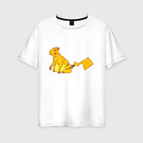 Женская футболка хлопок Oversize с принтом Пикачу в Петрозаводске, 100% хлопок | свободный крой, круглый ворот, спущенный рукав, длина до линии бедер
 | аниме | капибара | пикачу | покемон | покемоны