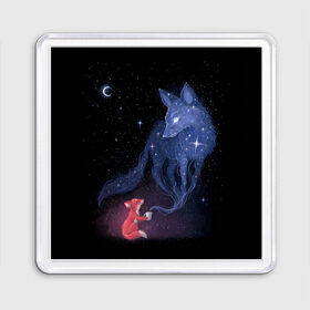 Магнит 55*55 с принтом Лиса и ее дух в Петрозаводске, Пластик | Размер: 65*65 мм; Размер печати: 55*55 мм | fox | moon | stars | дух | звезды | лес | леса | лиса | лиса и лес | лисичка | лисичка в лесу | лисички в космосе | лисы | луна | небо | ночное небо | с лисами | темнота