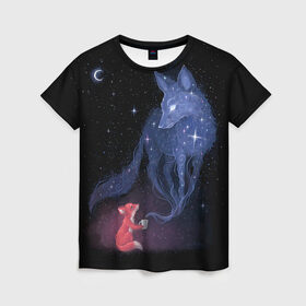 Женская футболка 3D с принтом Лиса и ее дух в Петрозаводске, 100% полиэфир ( синтетическое хлопкоподобное полотно) | прямой крой, круглый вырез горловины, длина до линии бедер | fox | moon | stars | дух | звезды | лес | леса | лиса | лиса и лес | лисичка | лисичка в лесу | лисички в космосе | лисы | луна | небо | ночное небо | с лисами | темнота