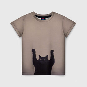 Детская футболка 3D с принтом Кот сдается в Петрозаводске, 100% гипоаллергенный полиэфир | прямой крой, круглый вырез горловины, длина до линии бедер, чуть спущенное плечо, ткань немного тянется | Тематика изображения на принте: cat | арест | испуг | кот | руки вверх | черный кот