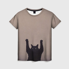 Женская футболка 3D с принтом Кот сдается в Петрозаводске, 100% полиэфир ( синтетическое хлопкоподобное полотно) | прямой крой, круглый вырез горловины, длина до линии бедер | cat | арест | испуг | кот | руки вверх | черный кот