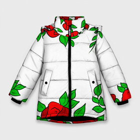 Зимняя куртка для девочек 3D с принтом Scarlet Roses в Петрозаводске, ткань верха — 100% полиэстер; подклад — 100% полиэстер, утеплитель — 100% полиэстер. | длина ниже бедра, удлиненная спинка, воротник стойка и отстегивающийся капюшон. Есть боковые карманы с листочкой на кнопках, утяжки по низу изделия и внутренний карман на молнии. 

Предусмотрены светоотражающий принт на спинке, радужный светоотражающий элемент на пуллере молнии и на резинке для утяжки. | fashion flowers | fashion girl | love | букет | бутоны | жена | красные цветы | лепестки | летние | лето | листья | лучшая | люблю | мама | подарок | природа | растения | розочка | розы | сюрприз | узор | цветок | цветочки