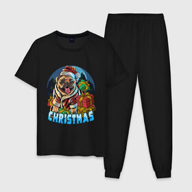 Мужская пижама хлопок с принтом Рождественский мопс в Петрозаводске, 100% хлопок | брюки и футболка прямого кроя, без карманов, на брюках мягкая резинка на поясе и по низу штанин
 | 