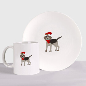 Набор: тарелка + кружка с принтом Новогодний Бигль в Петрозаводске, керамика | Кружка: объем — 330 мл, диаметр — 80 мм. Принт наносится на бока кружки, можно сделать два разных изображения. 
Тарелка: диаметр - 210 мм, диаметр для нанесения принта - 120 мм. | 2021 | бигль | зима | зимняя собака | милый | нарядная собака | новогодний щенок | новый год | подарок | собака | собака в шапке | шарф | щенок | щенок с шарфом