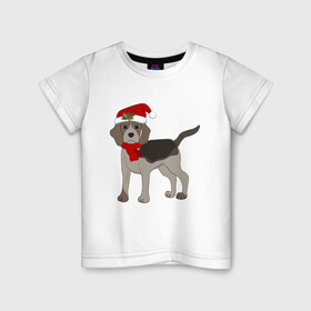 Детская футболка хлопок с принтом Новогодний Бигль в Петрозаводске, 100% хлопок | круглый вырез горловины, полуприлегающий силуэт, длина до линии бедер | 2021 | бигль | зима | зимняя собака | милый | нарядная собака | новогодний щенок | новый год | подарок | собака | собака в шапке | шарф | щенок | щенок с шарфом