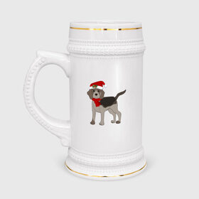 Кружка пивная с принтом Новогодний Бигль в Петрозаводске,  керамика (Материал выдерживает высокую температуру, стоит избегать резкого перепада температур) |  объем 630 мл | 2021 | бигль | зима | зимняя собака | милый | нарядная собака | новогодний щенок | новый год | подарок | собака | собака в шапке | шарф | щенок | щенок с шарфом