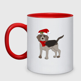 Кружка двухцветная с принтом Новогодний Бигль в Петрозаводске, керамика | объем — 330 мл, диаметр — 80 мм. Цветная ручка и кайма сверху, в некоторых цветах — вся внутренняя часть | Тематика изображения на принте: 2021 | бигль | зима | зимняя собака | милый | нарядная собака | новогодний щенок | новый год | подарок | собака | собака в шапке | шарф | щенок | щенок с шарфом