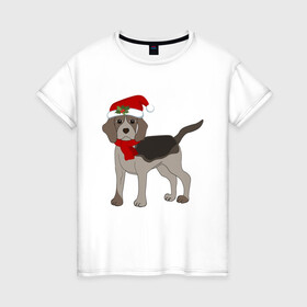 Женская футболка хлопок с принтом Новогодний Бигль в Петрозаводске, 100% хлопок | прямой крой, круглый вырез горловины, длина до линии бедер, слегка спущенное плечо | Тематика изображения на принте: 2021 | бигль | зима | зимняя собака | милый | нарядная собака | новогодний щенок | новый год | подарок | собака | собака в шапке | шарф | щенок | щенок с шарфом