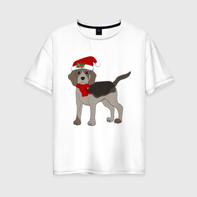 Женская футболка хлопок Oversize с принтом Новогодний Бигль в Петрозаводске, 100% хлопок | свободный крой, круглый ворот, спущенный рукав, длина до линии бедер
 | 2021 | бигль | зима | зимняя собака | милый | нарядная собака | новогодний щенок | новый год | подарок | собака | собака в шапке | шарф | щенок | щенок с шарфом