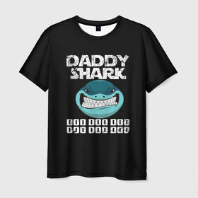 Мужская футболка 3D с принтом Daddy shark в Петрозаводске, 100% полиэфир | прямой крой, круглый вырез горловины, длина до линии бедер | baby shark | daddy shark | family shark | grandma shark | grandpa shark | mommy shark | бабушка акула | дедушка акула | мама акула | отец акула | ребенок акула | семья акул