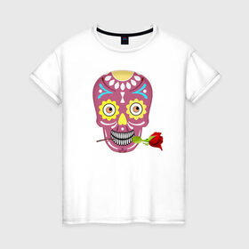 Женская футболка хлопок с принтом Череп с розой в Петрозаводске, 100% хлопок | прямой крой, круглый вырез горловины, длина до линии бедер, слегка спущенное плечо | деньмертвых | зубы | мексика | роза | скелет | хэллоуин | цветок | череп