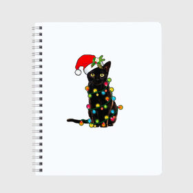 Тетрадь с принтом Новогодний кот в Петрозаводске, 100% бумага | 48 листов, плотность листов — 60 г/м2, плотность картонной обложки — 250 г/м2. Листы скреплены сбоку удобной пружинной спиралью. Уголки страниц и обложки скругленные. Цвет линий — светло-серый
 | 2021 | белка | гирлянда | год быка | дед мороз | елка | енот | кот | котик | лиса | маска | неон | новогодний кот | новогодняя | новый год | олень | праздник | радуга | рождество | с новым годом | санта