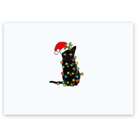 Поздравительная открытка с принтом Новогодний кот в Петрозаводске, 100% бумага | плотность бумаги 280 г/м2, матовая, на обратной стороне линовка и место для марки
 | 2021 | белка | гирлянда | год быка | дед мороз | елка | енот | кот | котик | лиса | маска | неон | новогодний кот | новогодняя | новый год | олень | праздник | радуга | рождество | с новым годом | санта