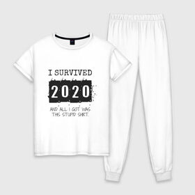 Женская пижама хлопок с принтом 2020 - я выжил в Петрозаводске, 100% хлопок | брюки и футболка прямого кроя, без карманов, на брюках мягкая резинка на поясе и по низу штанин | Тематика изображения на принте: 2020 | 2021 | coronavirus | covid | covid 19 | covid19 | new year | вирус | год | грипп | дед мороз | заражение | зима | карантин | клаус | корона | коронавирус | маска | новый год | пандемия | праздник | самоизоляция | санта