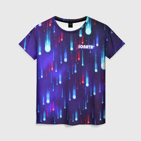Женская футболка 3D с принтом SONATA в Петрозаводске, 100% полиэфир ( синтетическое хлопкоподобное полотно) | прямой крой, круглый вырез горловины, длина до линии бедер | брызги | звезды | капли | комета | космос | неоновые шары | неоновый метеоритный дождь | ночное небо