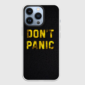 Чехол для iPhone 13 Pro с принтом DONT PANIC в Петрозаводске,  |  | золотая надпись | металл | металлические буквы | надпись на асфальте | цитата о жизни