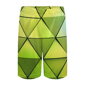 Детские спортивные шорты 3D с принтом Зелёные треугольники в Петрозаводске,  100% полиэстер
 | пояс оформлен широкой мягкой резинкой, ткань тянется
 | геометрия | зелёный | текстура | треугольники | фигуры