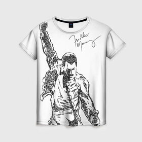 Женская футболка 3D с принтом Freddie Mercury в Петрозаводске, 100% полиэфир ( синтетическое хлопкоподобное полотно) | прямой крой, круглый вырез горловины, длина до линии бедер | freddie mercury | queen | автограф | квин | фредди меркьюри
