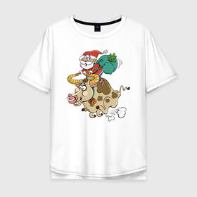 Мужская футболка хлопок Oversize с принтом Санта на олене в Петрозаводске, 100% хлопок | свободный крой, круглый ворот, “спинка” длиннее передней части | Тематика изображения на принте: 