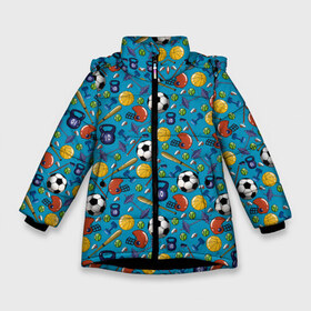 Зимняя куртка для девочек 3D с принтом СПОРТ в Петрозаводске, ткань верха — 100% полиэстер; подклад — 100% полиэстер, утеплитель — 100% полиэстер. | длина ниже бедра, удлиненная спинка, воротник стойка и отстегивающийся капюшон. Есть боковые карманы с листочкой на кнопках, утяжки по низу изделия и внутренний карман на молнии. 

Предусмотрены светоотражающий принт на спинке, радужный светоотражающий элемент на пуллере молнии и на резинке для утяжки. | бейсбол | гиря | спорт | футбол | футбольный мяч | штанга