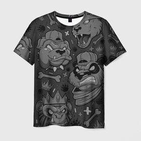 Мужская футболка 3D с принтом CRAZY ANIMALS в Петрозаводске, 100% полиэфир | прямой крой, круглый вырез горловины, длина до линии бедер | бульдог | головы животных | медведь | мультяшные животные | обезьяна | панда | собака