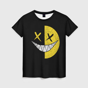 Женская футболка 3D с принтом SMILE в Петрозаводске, 100% полиэфир ( синтетическое хлопкоподобное полотно) | прямой крой, круглый вырез горловины, длина до линии бедер | глаза крестики | злой смайл | зубы | контраст | смайл | эмоция