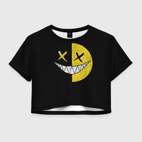 Женская футболка Crop-top 3D с принтом SMILE в Петрозаводске, 100% полиэстер | круглая горловина, длина футболки до линии талии, рукава с отворотами | глаза крестики | злой смайл | зубы | контраст | смайл | эмоция