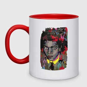 Кружка двухцветная с принтом Jean Michel Basquiat в Петрозаводске, керамика | объем — 330 мл, диаметр — 80 мм. Цветная ручка и кайма сверху, в некоторых цветах — вся внутренняя часть | art | eyes | guy | jean michel basquiat | глаза | жан мишель баския | искусство | парень