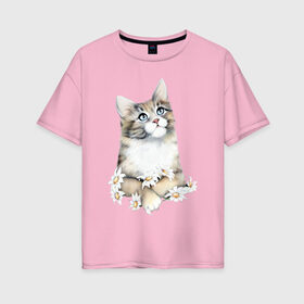 Женская футболка хлопок Oversize с принтом Кошечка в Петрозаводске, 100% хлопок | свободный крой, круглый ворот, спущенный рукав, длина до линии бедер
 | 