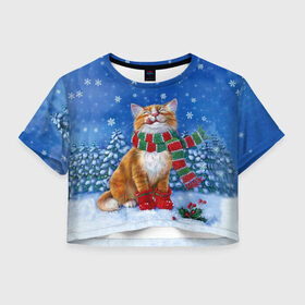 Женская футболка Crop-top 3D с принтом Cat New Year в Петрозаводске, 100% полиэстер | круглая горловина, длина футболки до линии талии, рукава с отворотами | 2021 | santa | белка | гирлянда | год быка | дед мороз | елка | енот | зверь | кот | котейка | котик | кошак | лиса | мальчик | маска | неон | новогодняя | новый год | олень | пингвин | праздник | радуга | ребенку