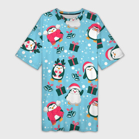 Платье-футболка 3D с принтом Новогодние Пингвины в Петрозаводске,  |  | 2021 | белка | гирлянда | год быка | дед мороз | детская | дочка | елка | енот | кот | котик | лиса | маска | милая | неон | новогодняя | новый год | олень | паттерн | пингвин | подарок | праздник | радуга